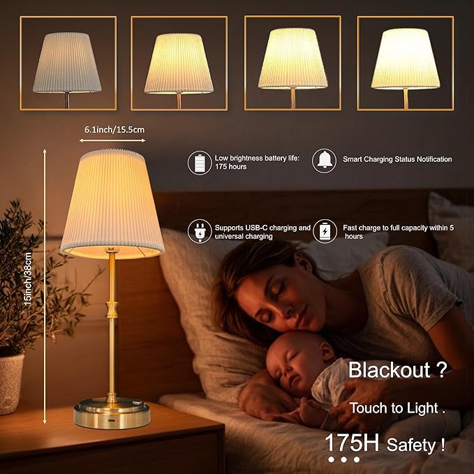 Cordless Table Lamp Rechargeable Vintage Gold-5000mAh Battery Operated Lamp for Decor, 2700K Stepless Dimming Touch Control Wireless Lamp for Bedroom, Living Room, Office, Dormitory - Bloomnest
