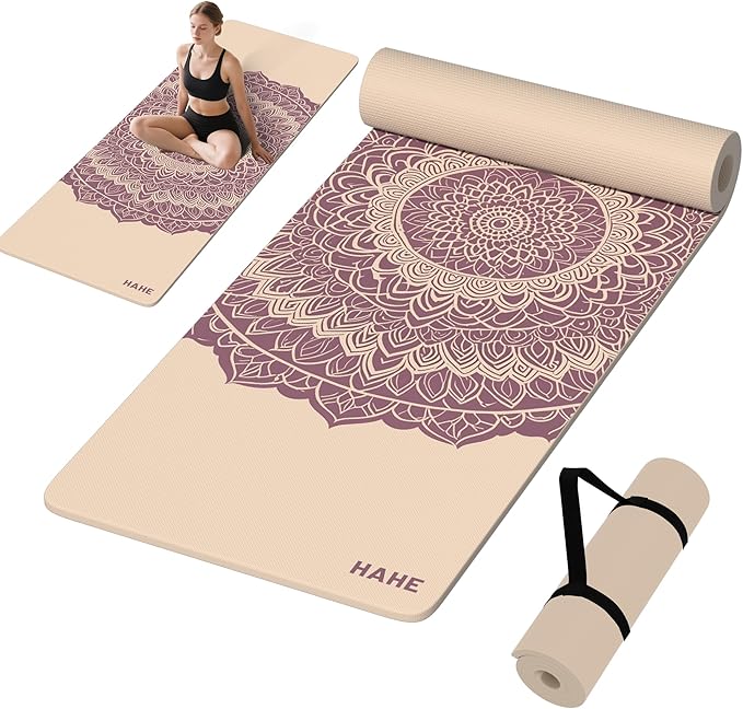 HAHE Yoga Mat Thick (8MM,1/3"), Eco-Friendly POE Non Slip Yoga Mat, High Rebound & Shock Absorption, Anti-Tear & Sweat-Resistant for Yoga, Fitness, Home, Workouts, Large Pilates Mats 72"x24" with Carrying Strap - Bloomnest