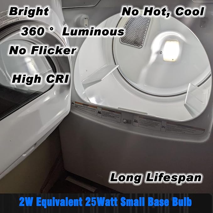 Dryer Light Bulb 120V 10W 25W 40W Equivalent WE05X20431 WP22002263 Appliance Bulb E12 Candelabra Base 2W 300lm 6000K Daylight White for Dryer Drum Water Ice Dispenser Refrigerators Bulb, 2 Pack - Bloomnest