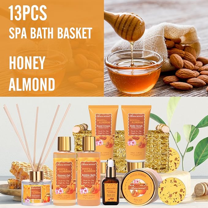 Gift Baskets for Women, Bath and Body Gift Set for her with 13pcs Honey Almond Scented Spa Gifts for Women, Bath Sets Includes Scented Candle, Shower Steamer, Bubble Bath, Bath Salt. Mothers Day Gifts - Bloomnest