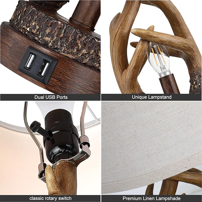 Rustic Table Lamps Farmhouse Antler Lamps Set of 2 Western Bedside Lamps for Bedroom with USB Charging Ports Nightlight,Vintage Resin Nightstand Table Lamps for Living Room (Bulbs Included) - Bloomnest