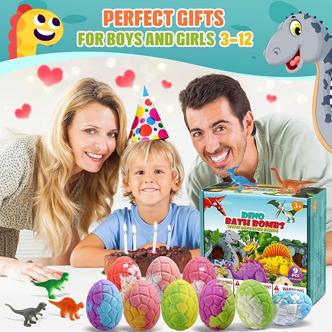 Bath Bombs for Kids with Dinosaur Toys Inside, 9 Pack Natural and Organic Dinosaur Bath Bombs Bubble Bath Gift Set, Stocking Stuffers for Kids, Perfect Christmas Birthday Gifts for Kid 3-12 - Bloomnest
