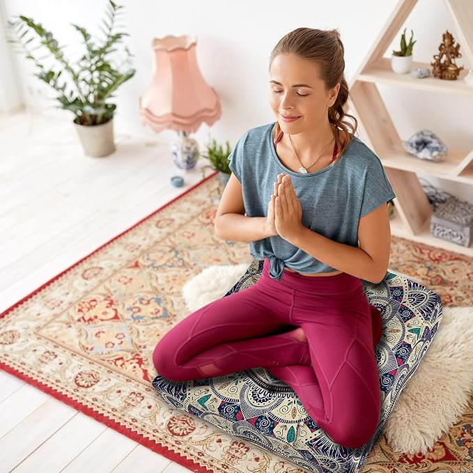Mandala Meditation Cushion, Boho Meditation Mat, Meditation Pillows for Sitting on Floor, Cushions for Sitting in Home and Outdoor, Square Floor Pillows Cushion Seating for Yoga 22'' x 22'' - Bloomnest
