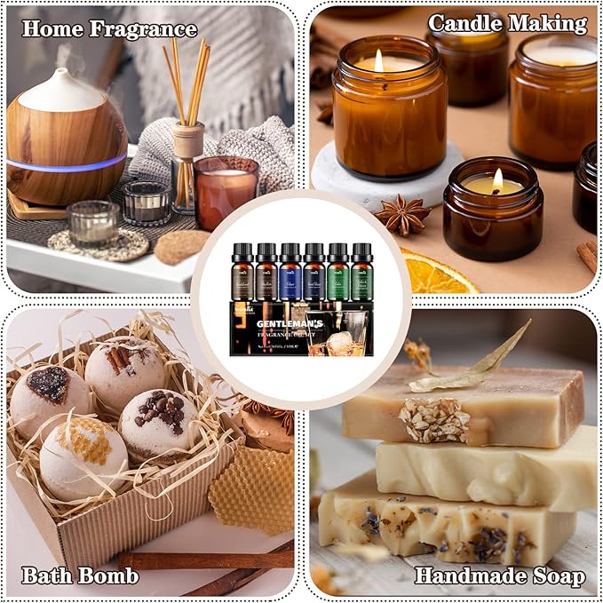 Essential Oils Set, Men Scents Fragrance Oil Essential Oils for Diffuser, Massage, Soap & Candle Making Scents - Sandalwood, Cedar, Cologne, Sweet Tobacco, Rum, Cedar & Vetiver Oils, 6x10ml - Bloomnest