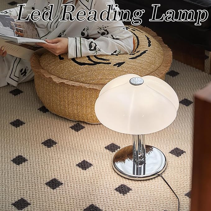 White Mushroom Table Lamp,Dimmable Glass Desk Light with Chrome Base,Bauhaus Office Light Fixture,Mid Century Modern Desk Lamp for Living Room Bedroom and Study Room - Bloomnest