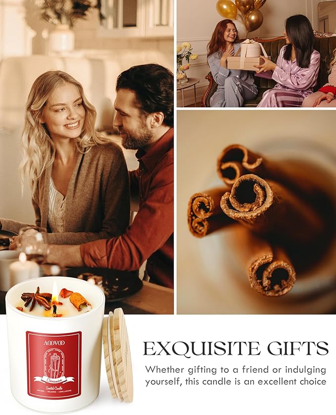 AOOVOO Apple Cinnamon Scented Candles for Women - Aromatherapy Candle with Crystals Inside, 10oz Soy Candles for Home Scented, Birthday Gifts Christmas Candle for Women Mom - Bloomnest