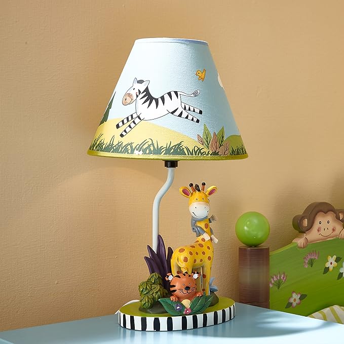 Fantasy Fields - Sunny Safari Animals Thematic Kids Table Lamp, for Girls & Boys Rooms with Printed Zebra Lampshade & Sculpted Monkey, Giraffe, & Tiger Base, Jungle Lamp for Nurseries & Baby Rooms - Bloomnest