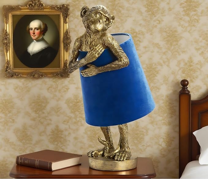 Crestview Collection Monkey Table Lamp – Gold Resin Animal Lamp, Retro Rustic Art Deco Farmhouse Desk Lamp with Blue Velvet Shade for Bedroom, Living Room, Bedside, Nightstand or Small Space - Bloomnest