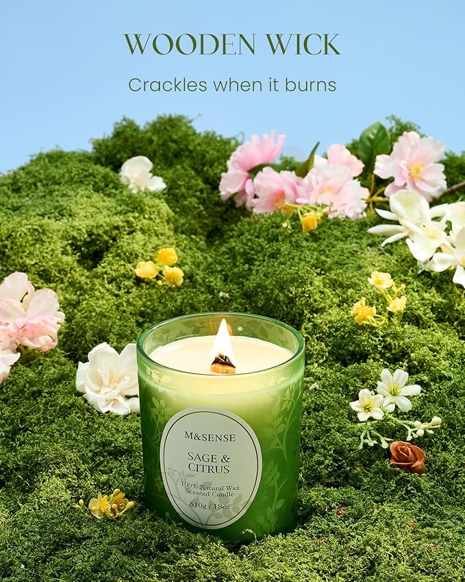 M&SENSE Sage Citrus Scented Candle, Cracking Wooden Wick Soy Wax, 18oz 100 Hours Long Lasting Clean Burn, Large Jar Candles for Home Decor, Non-Toxic Relaxing Aromatherapy Gifts for Women - Bloomnest