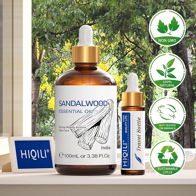 HIQILI Sandalwood Essential Oils, Long-Lasting Scent for Perfume, Diffuser, Soap Making & Candle- 3.38 Fl Oz - Bloomnest