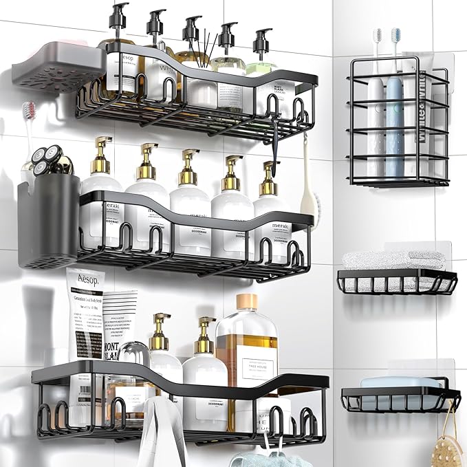 Shower Caddy Adhesive Shower Organizer 8-Pack, Rustproof Stainless Steel Bathroom Shelves, Large Capacity No-Drill Rack Storage Accessories with Soap Dish Toothbrush Holder Hooks - Bloomnest