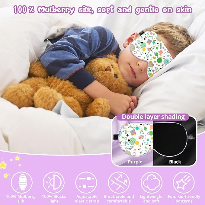Kids Sleep Mask Eye Cover: 100% Real Natural Pure Silk Eye Mask with Adjustable Strap, Funny Blindfold Kids Eye Mask for Sleeping, Soft & Lightweight Eye Shade for Boys Girls Teens (Memphis Style) - Bloomnest