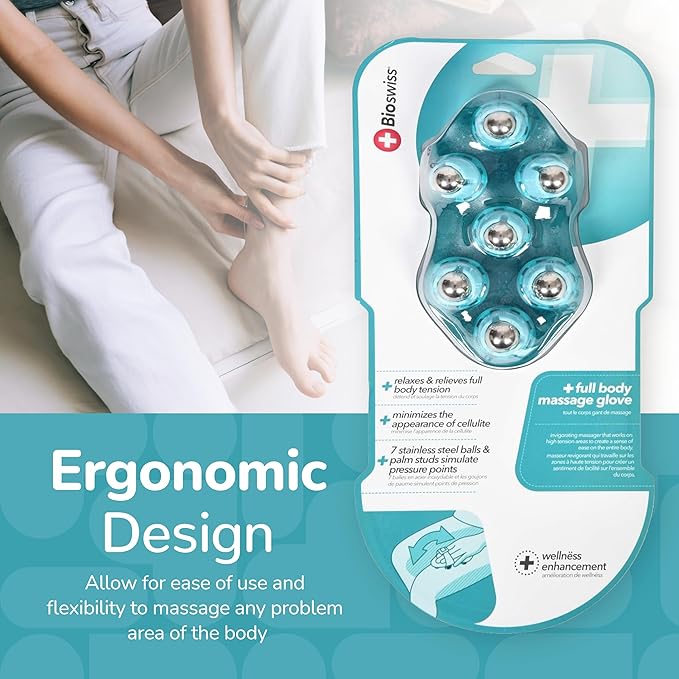 BioSwiss Massage Glove with Steel Roller Balls, Handheld Full Body Massager for Back, Neck, Shoulders, and Legs Bioswiss