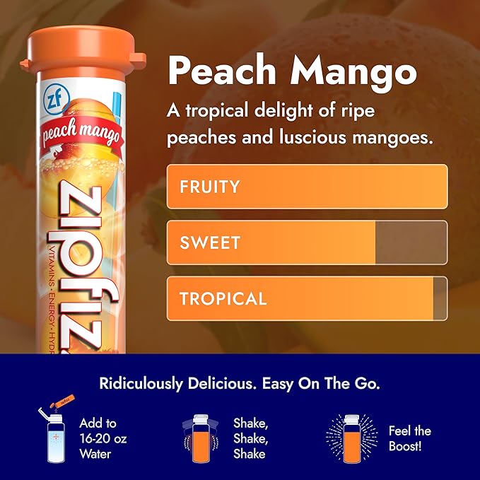Zipfizz Daily Energy Drink Powder, Peach Mango, 20 Pack | 3-in-1 Sustained Energy, Rapid Hydration, and Essential Vitamins | Sugar-Free | Electrolyte Powder | Contains Vitamin B-12 & Antioxidants - Bloomnest