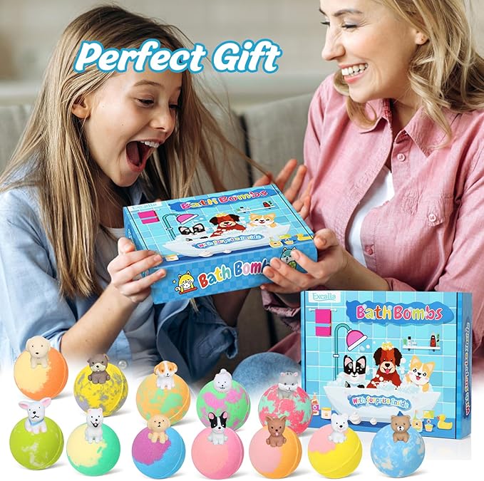Bath Bombs for Kids with Toys Inside for Girls Boys, 12 Pack Kids Bath Bombs with Surprise Dog Pretend Playset, Handmade Bubble Bath Fizzies Birthday Christmas Gift Set - Bloomnest