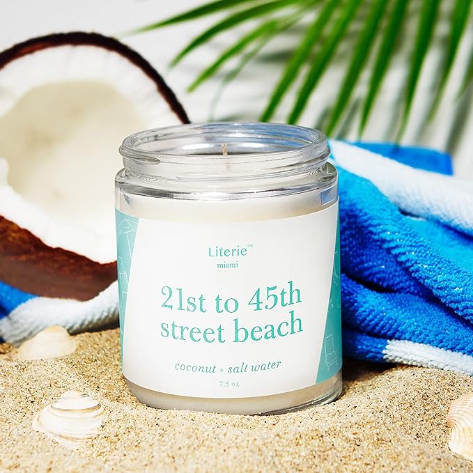 Literie Miami Inspired Scented Candle: 21st to 45th Street Beach - Coconut & Salt Water Scent, 7.5oz, 40 Hour Burn, Vegan Soy & Coconut Blend Candle for Home Decor, Gift for Women & Men - Bloomnest