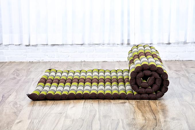 Leewadee - Kapok Roll Mat – Handcrafted Folding Sleep & Relaxation Mattress from Thailand, Ideal as Guest Bed, Camping Mat, Yoga Mat or Traditional Futon, 75 x 39 inches, Brown Green - Bloomnest