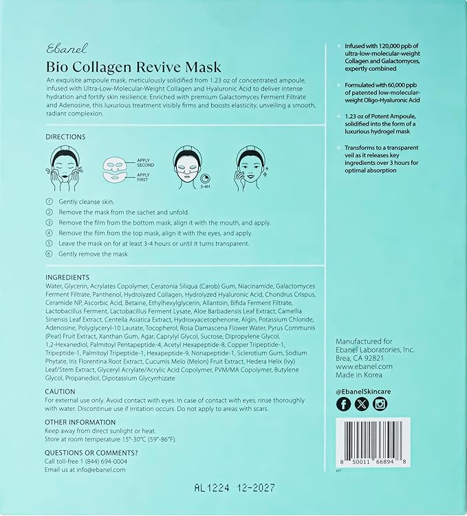 Ebanel Bio Collagen Face Mask, 4-Pack Hydrating Face Masks with 7 Peptides, Hyaluronic Acid, Niacinamide, Centella, Rose Water, Ceramide, and B5, Glass Skin Tightening and Lifting Korean Sheet Masks - Bloomnest