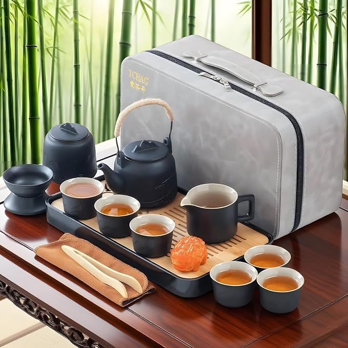 ICHAG Chinese Tea Set, Japanese Tea Sets for Adults, 15-Piece Porcelain Gongfu Tea Set with Tea Pet & Tea Tray, Japanese Teapot Set, Travel Tea Party Set, for Home/Office/Outdoor/Gifts (Black) - Bloomnest