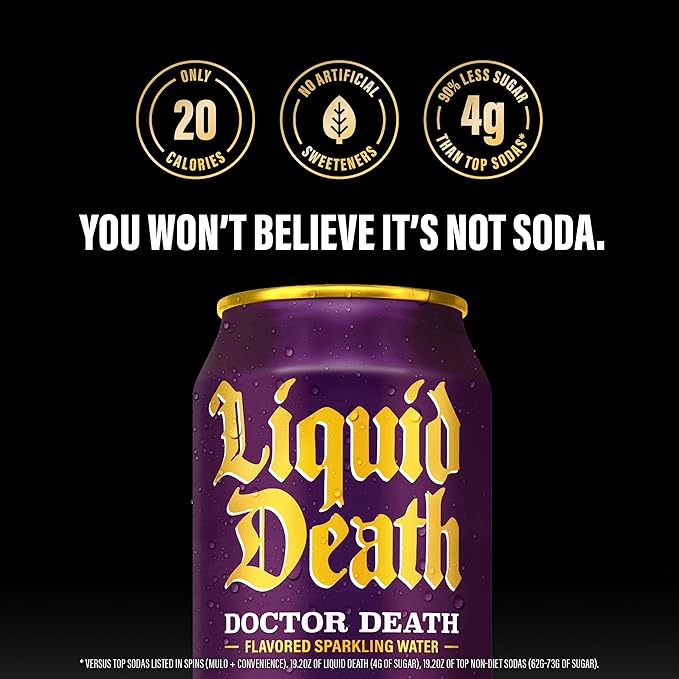 Liquid Death Soda-Flavored Sparkling Water - Doctor Death (Cherry, Cream, Spice), Less Sugar*, Huge Flavor, No Caffeine, No Artificial Sweeteners, King Size 19.2 Fl Oz (Pack of 12) - Bloomnest
