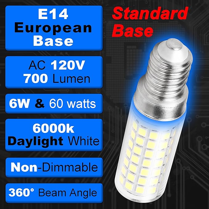 E14 6W European Base LED Turkish Lamp Bulb Equivalent 60W Daylight White 6000K 700lm AC120V E14 C7 T6 LED Bulbs for Persian Moroccan Lamp Chandeliers Ceiling Fan Bulb Under Cabinet Lights, 3 Pack - Bloomnest
