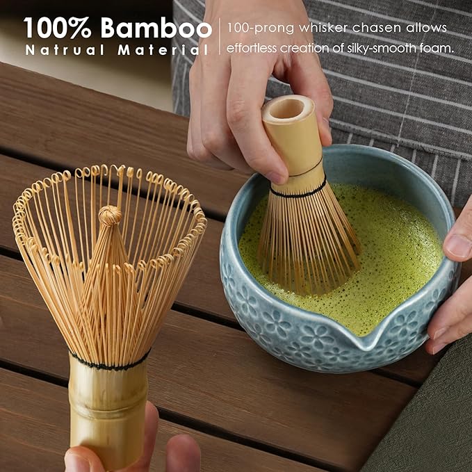 7Pcs Matcha Whisk Set, Ceramic Matcha Bowl with Spout, Bamboo Whisk and Holder,Bamboo Scoop,Scoop Rest,Sifter,Tea Towel, Matcha Kit with Cherry Blossom Carved Patterns for Matcha Lovers (Sakura Blue) - Bloomnest