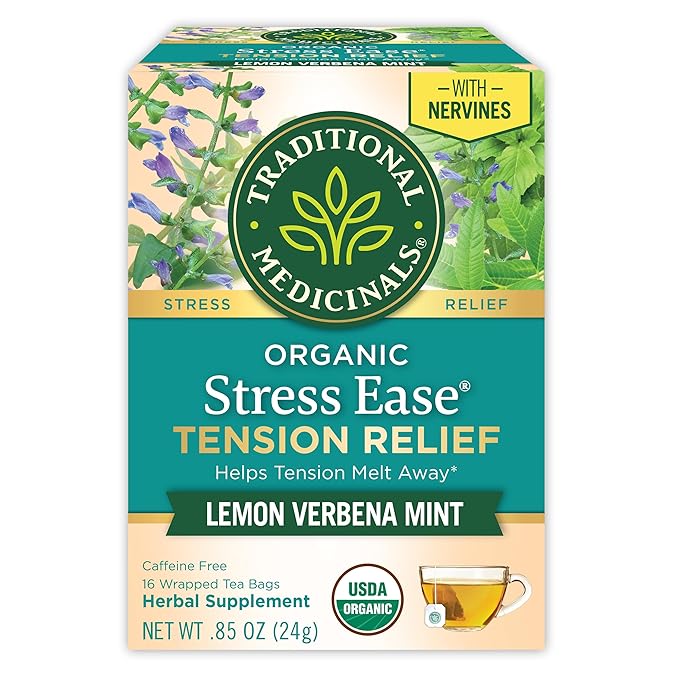 Traditional Medicinals Organic, Stress Ease Tension Relief, Lemon Verbena Mint Tea - Supports Stress Relief - Kosher, Non-GMO, Caffeine-Free, Compostable - 16 Tea Bags - Bloomnest