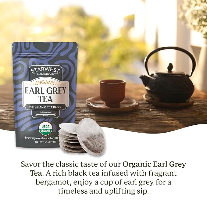 Starwest Botanicals Organic Earl Grey Tea - Caffeinated Herbal Blend with Black Tea & Bergamot, Enjoy Hot or Cold, String Free Sachets, USDA Organic, Non GMO - 20 Tea Bags - Bloomnest