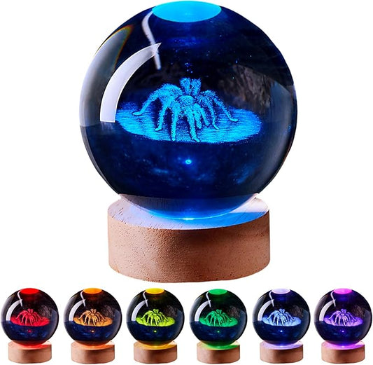 3D Large Spider Crystal Ball Night Light with Wooden Base, Crystal Lamp Gift for Kids Wife Friends, 16 Color Changing with Remote Control, Home Horror Decoration Glass Ball Lamp (Spider) - Bloomnest
