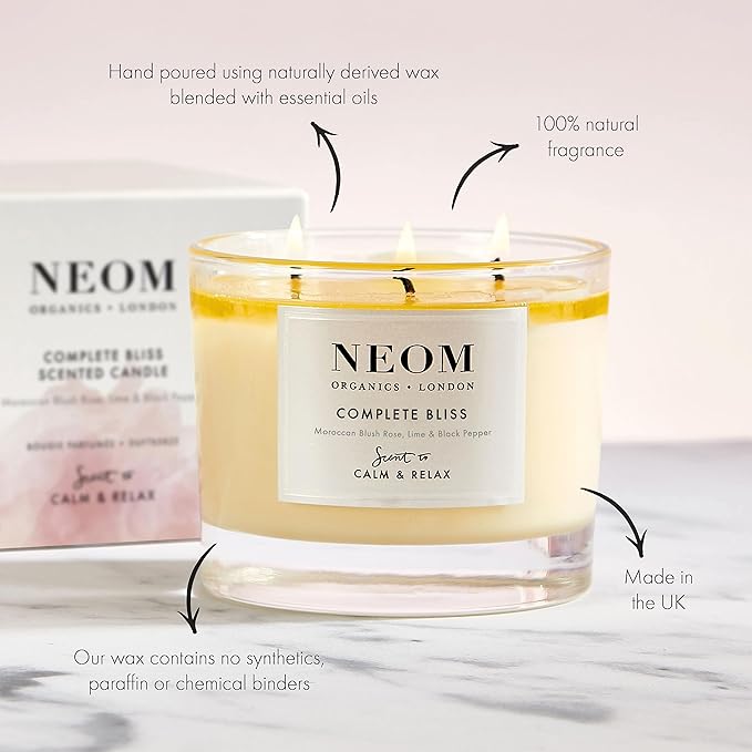 NEOM- Complete Bliss Scented Candle, 3 Wick | Blush Rose, Lime & Black Pepper | Essential Oil Aromatherapy Candle | Scent to De-Stress - Bloomnest