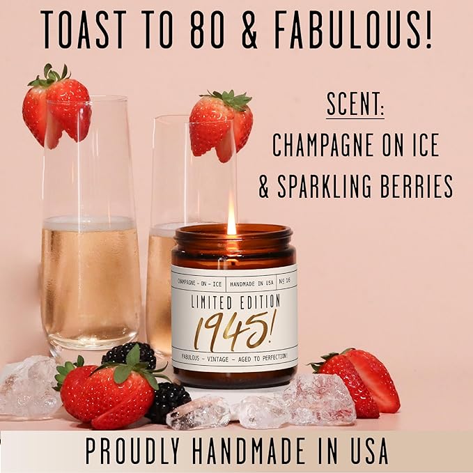 80th Birthday Gifts for Women - 'Limited Edition 1945' Soy, w/Champagne on Ice I 1945 Birthday Gifts for Women I 80 Birthday Gifts for Women I 16oz Reusable Jar, 50Hr Burn, Made in USA - Bloomnest