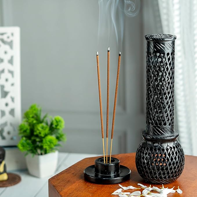 Crocon Handmade Black Marble Soapstone Incense Stick Burner Round Shape Jali and Handi Design Tower Burner | Candle Stick Holder | Decorative Home & Kitchen Best Gift Size - (2.7X2.7X9.4 Inch)