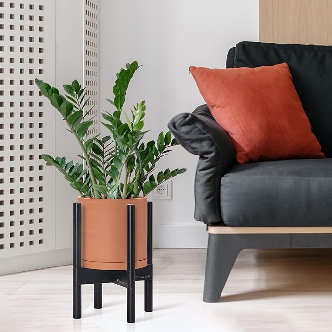 D'vine Dev Terracotta Planter with Ebony Stand - 8 Inch Modern Round Flower Pot with Wood Planter Holder, Terracotta, 55-B-M-5 - Bloomnest