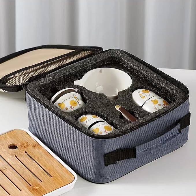 Ceramic Portable Travel Tea Set, Chinese Kungfu Tea Set with 360 Rotation Teapot and Infuser, 4 Tea Cups, Tea Tray And Travel Bag (Cute Cat)