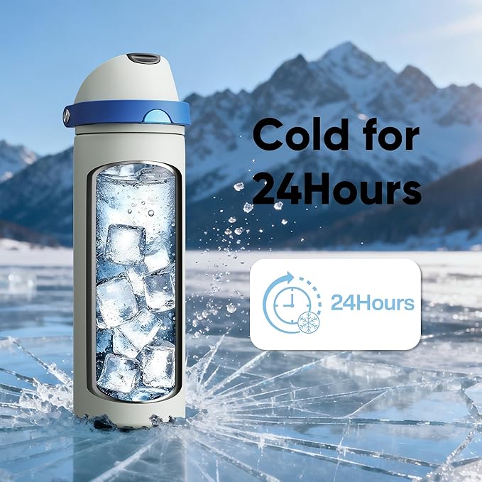 Insulated Water Bottle with Straw - Encool Stainless Steel Water Bottle with Push Button Lid, Leak-Proof & BPA-Free, Keeps Cold for 24 Hours for Sports, Travel, Gym (24 oz, Quill Grey-Blue) ENCOOL