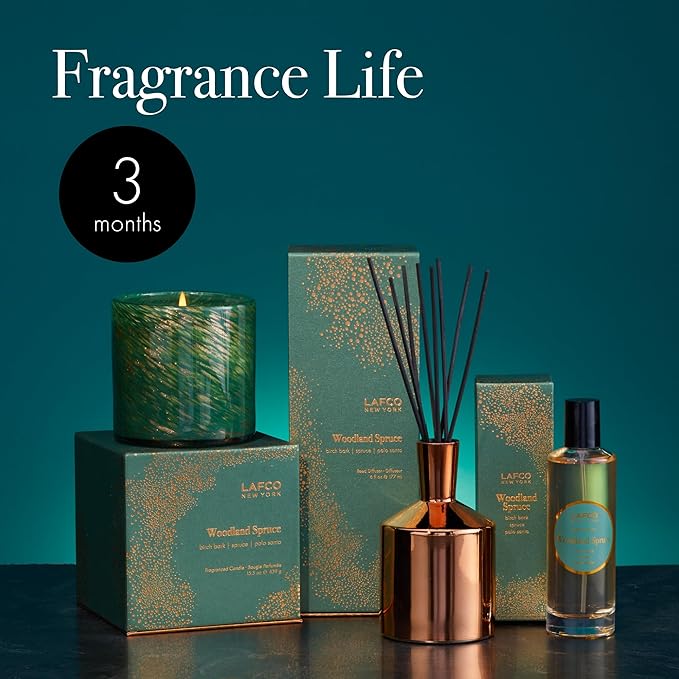 LAFCO New York Holiday Reed Diffuser, Woodland Spruce - 6 oz - Up to 3 Months Fragrance Life - Reusable Glass Vessel - Natural Wood Reeds - Made in The USA