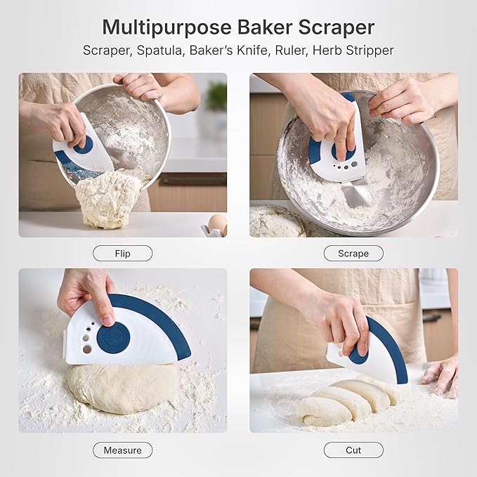 Nextrend BakerScraper – 5-in-1 Flexible Bowl Scraper, Bench Scraper and Dough Scraper with Stainless Steel Edge, Ruler & Herb Stripper – BPA Free, Dishwasher Safe - Blue - Bloomnest
