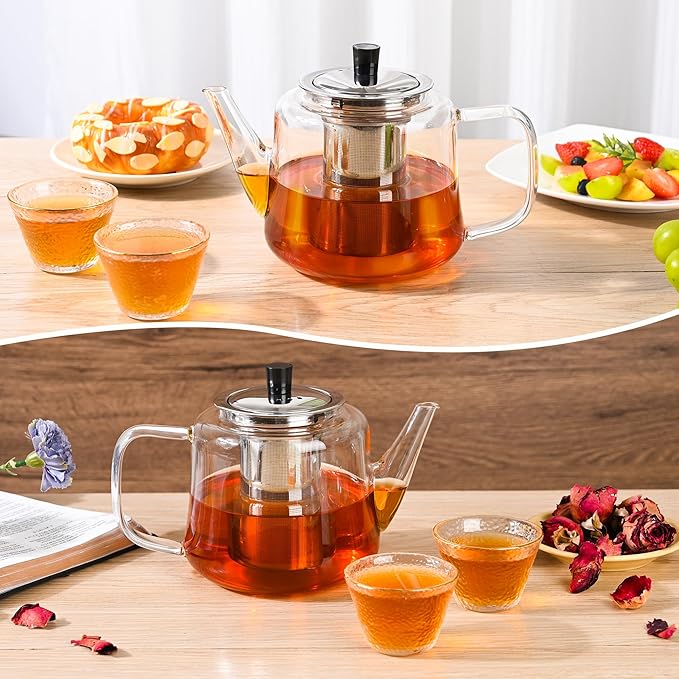 Glass teapot with infuser, Ehugos 1000ml(33oz) Stovetop Safe Hand Crafted Clear Glass Teapot with Removable Infuser for Loose Leaf Tea and Blooming Tea - Bloomnest