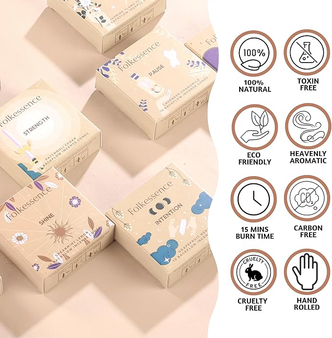 Folkulture Backflow Incense Cones (120 Cones) | Set of 12 Waterfall Insence Cones for Meditation, Aromatherapy, Gifts | No Charcoal, Organic, Non Toxic Frankincense, Palo Santo Scented Inscents-Cones FOLKULTURE