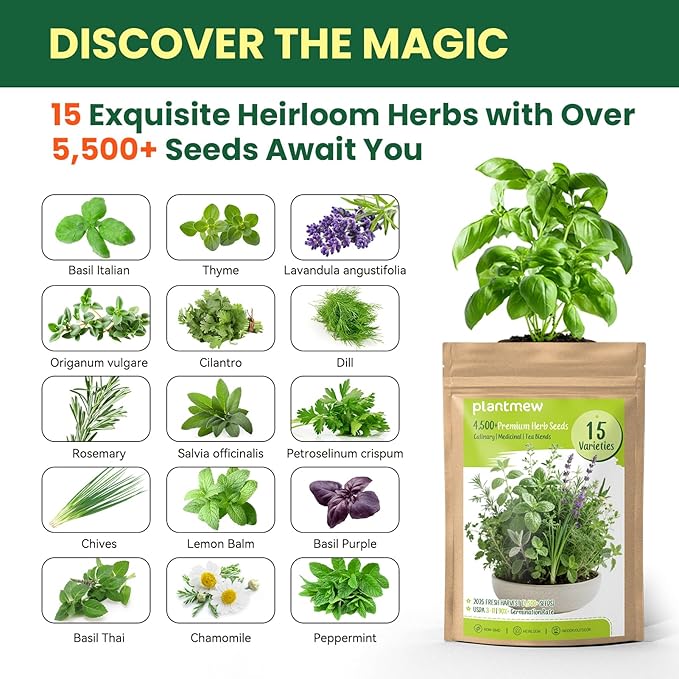 Herb Seeds 15-Pack – 4,500+ Non-GMO Heirloom Seeds for Planting – Indoor & Outdoor Herb Garden Kit with Basil, Cilantro, Rosemary, Thyme, Dill, Sage – Medicinal & Culinary Herb Seeds Variety Pack - Bloomnest