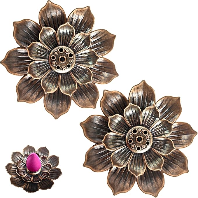 AmaSiverRock Cone Incense Burner - Brass Lotus Ash Catcher Waterfall Backflow Incense Holder for Sticks - Meditation Yoga Decor Home