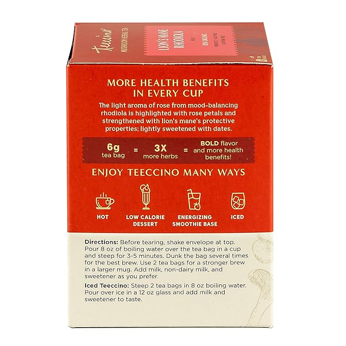 Teeccino Caffeine-Free Mushroom Adaptogenic Herbal Tea - Lion’s Mane Rhodiola Tea - Rose, 3x More Herbs than Regular Teas, Lightly Sweet from Dates & Figs, Chicory Prebiotic - 10 Tea Bags - Bloomnest