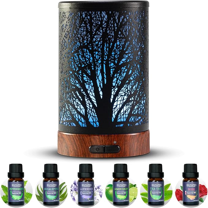 Oil Diffuser with Essential Oils Set – Aromatherapy Diffuser 150ml with 6 Essential Oils Set, Diffuser for Essential Oils, Auto Off Protection 7 Colors Night Light Gifts for Mom(Diffuser & Oils Set) - Bloomnest