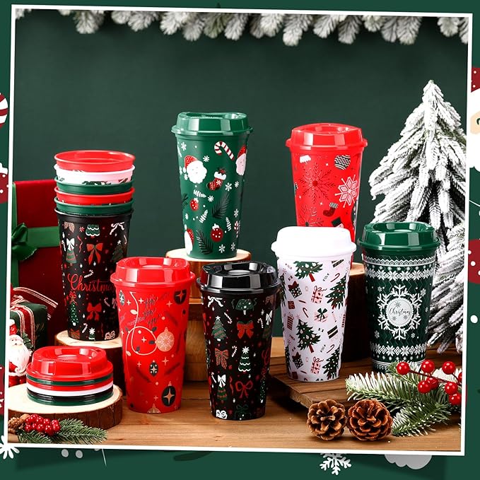 Pickmesh 12 Pack Christmas Coffee Cups Gifts Bulk 16 oz Reusable Coffee Cup Tumblers with Lid Plastic Cups Travel Mug Thank You Gifts for Women Coworkers Holiday Drinks - Bloomnest