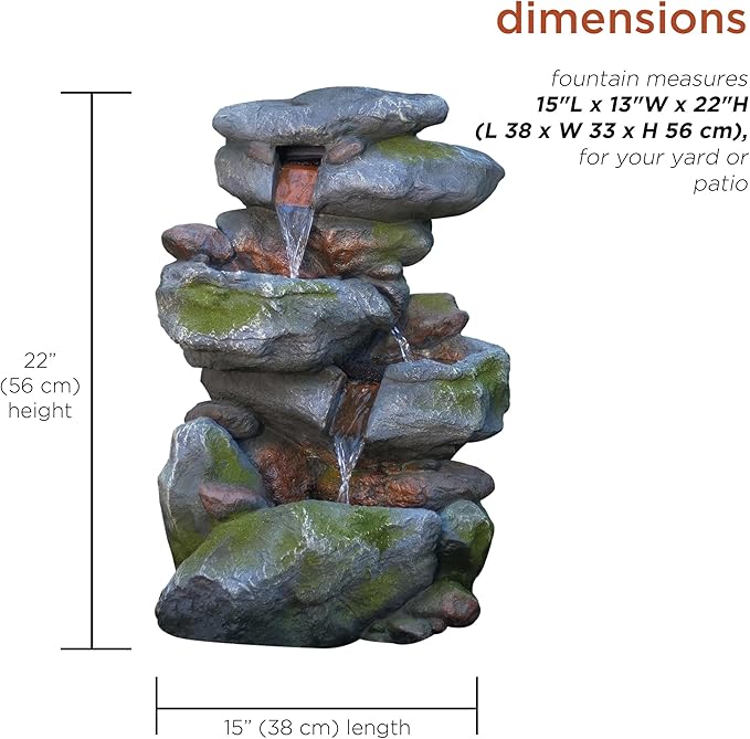 Alpine Corporation | 22"H Outdoor 3-Tier Rock Waterfall Fountain with LED Lights — Natural Stone Look for Garden, Patio, Yard & Porch Décor (Gray) - Bloomnest