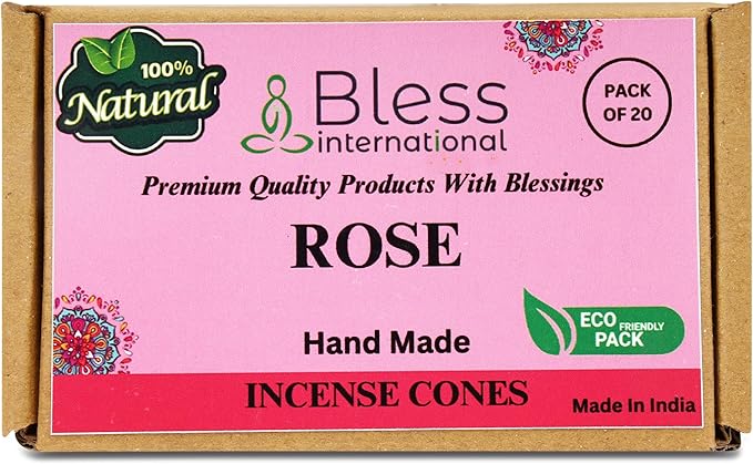 Bless International Rose 100%-Natural-Incense-Cones Handmade-Hand-Dipped Organic-Chemicals-Free for-Purification-Relaxation-Positivity-Yoga-Meditation The-Best-scents (20 Count) BlessInternational