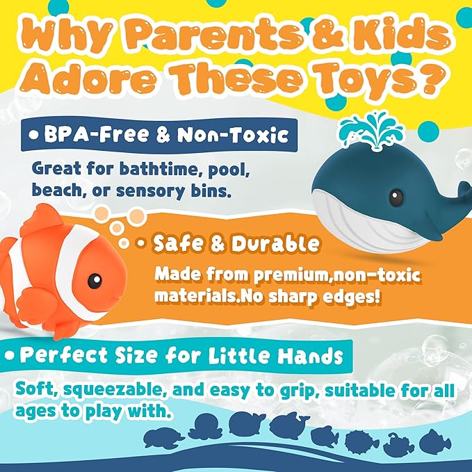 8 PCS Ocean Animal Bath Toys Mold Free Infant Bath Tub Toys for 12 Months - No Hole Bathtub Toys for Toddlers 1-3 Water Pool Toys for Baby Toddler Ages 1+ - Bloomnest