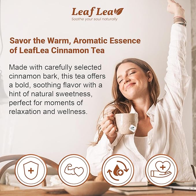 LeafLea 120 Cinnamon Tea Bags, Premium Herbal Tea with Ground Cinnamon Sticks, Spiced and Soothing Flavor for Relaxation, Caffeine-Free, Sugar-Free, Non-GMO, Vegan - Bloomnest