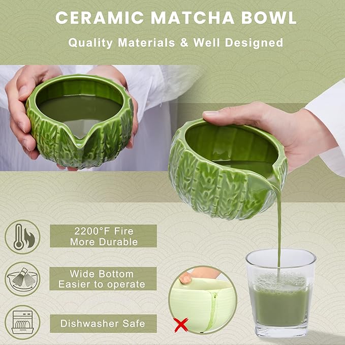 Matcha Whisk Set, Cactus Light Green Ceramic Matcha Set Includes Matcha Bowl, Matcha Whisk (Chasen) and Holder, Sifter, Bamboo Scoop & Spoon - 6 Pcs Matcha Kit for Matcha Lovers - Bloomnest