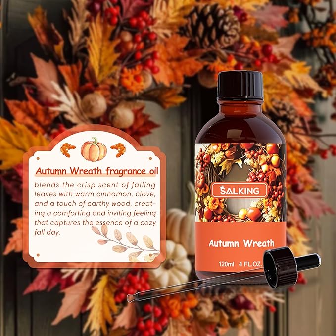 SALKING Autumn Wreath Fragrance Oil, 120ml (4 Fl Oz) Premium Essential Oils for Diffuser, Candle Scents for Candle Making, Soap Making Supplies, Autumn Diffuser Oil, Halloween Thanksgiving Gift - Bloomnest